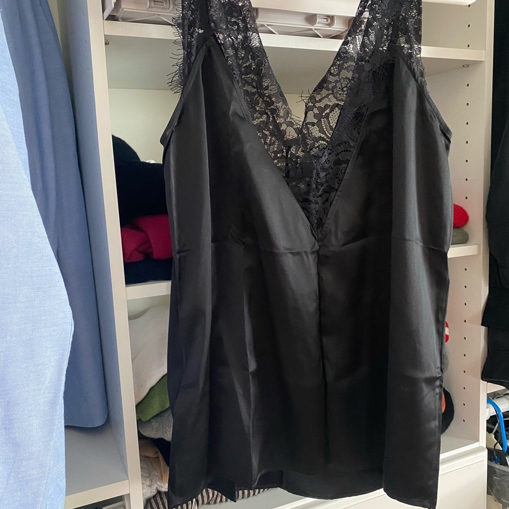 Lily silk 100% Mulberry silk  Black Lace Trim Chemise SZ L